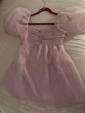 Lilac Puff-Sleeve Mini Dress with Drawstring Waist